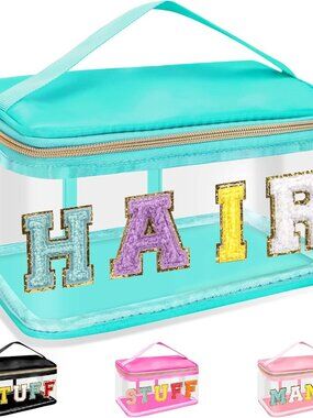 Chenille Letter Clear Makeup Bags Hair Pouch, Preppy Patch Makeup Bag Zipper wit